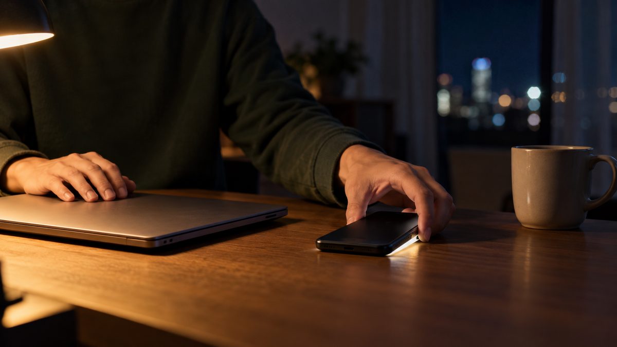 夜の自宅の机で光ったスマートフォンを委託技術者が持ち上げかける手元