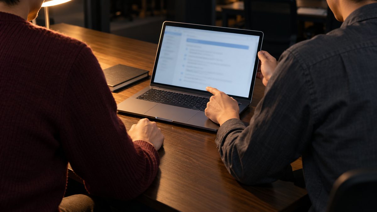 夜の机でSESのエンジニアが隣の社員へノートPCの画面を向けて作業の記録を引き継ぐ