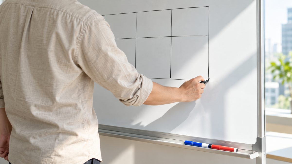 ホワイトボードに比較のための空白の格子をマーカーで描く手元