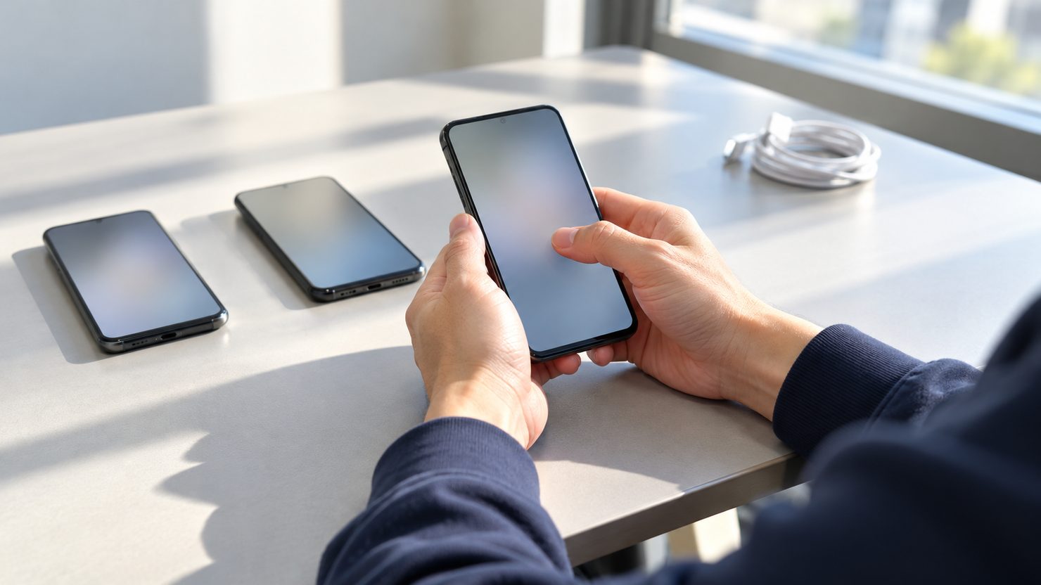 窓際の机で外部エンジニアが検証用スマートフォン3台のうち1台を両手で操作する手元