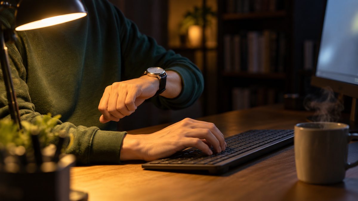 夜の自宅の書斎で副業のエンジニアが腕時計で時刻を確かめながらキーボードに手を置く