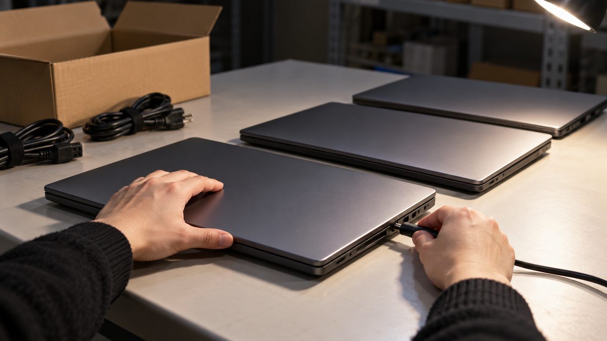 備品室の作業台で並んだ閉じたノートPCに電源ケーブルを差す手元