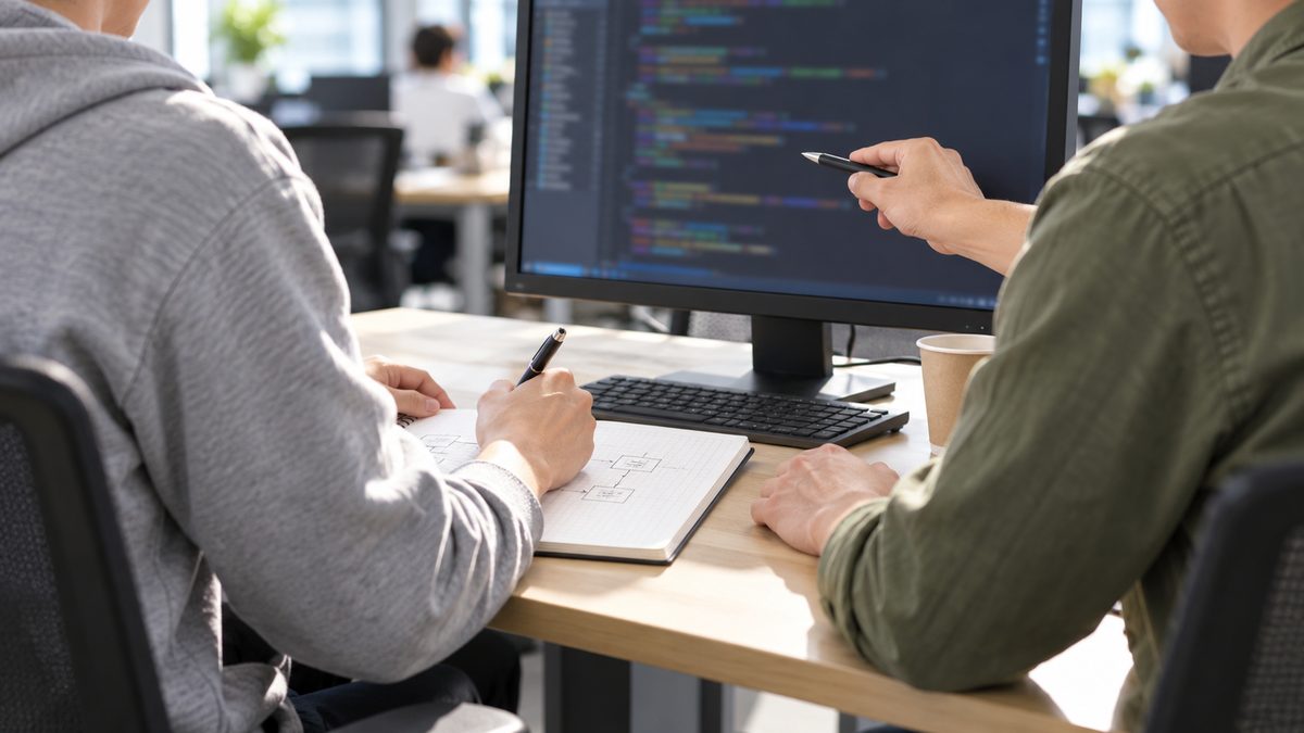 テックリードと若手が並んでモニターのコードを見てペンで示し若手がノートに書き足す肩から下
