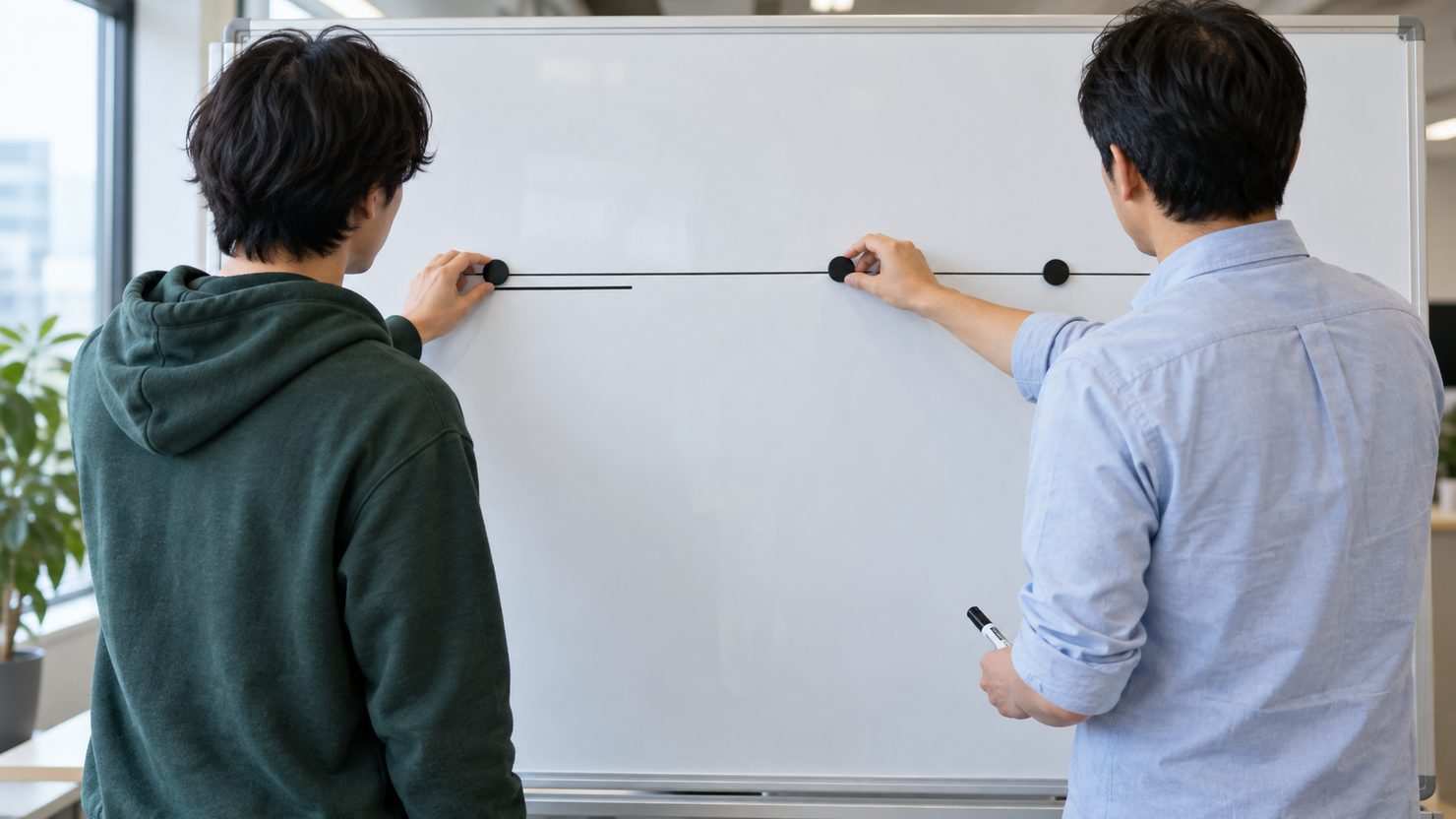 2人がホワイトボードの手書きの横線に丸い磁石を置き期間と見直しの日を決めている後ろ姿
