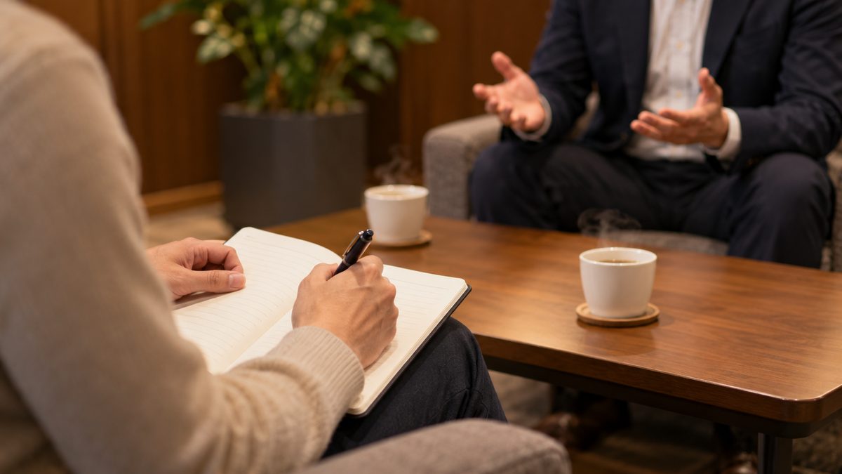 応接ソファの面談で候補者が両手を開いて話し担当者が膝の上のノートに書き留める