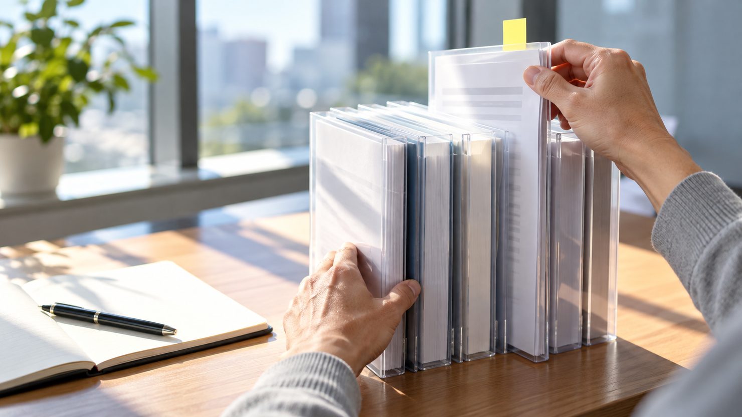 机に立てたクリアファイルの列から付箋の付いた契約書のつづりを1部引き抜く手元
