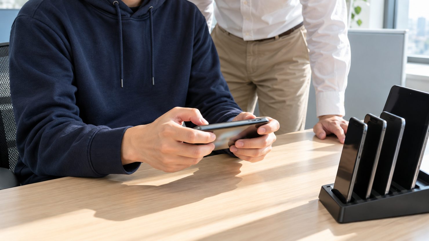 開発チームの机で業務委託のQAエンジニアがスマートフォンをタップし社内の開発担当が横からのぞき込む
