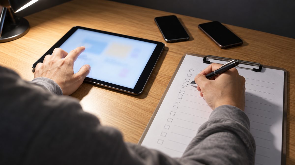 夜の机でタブレットに触れながらクリップボードの確認欄にペンで印を付ける手元