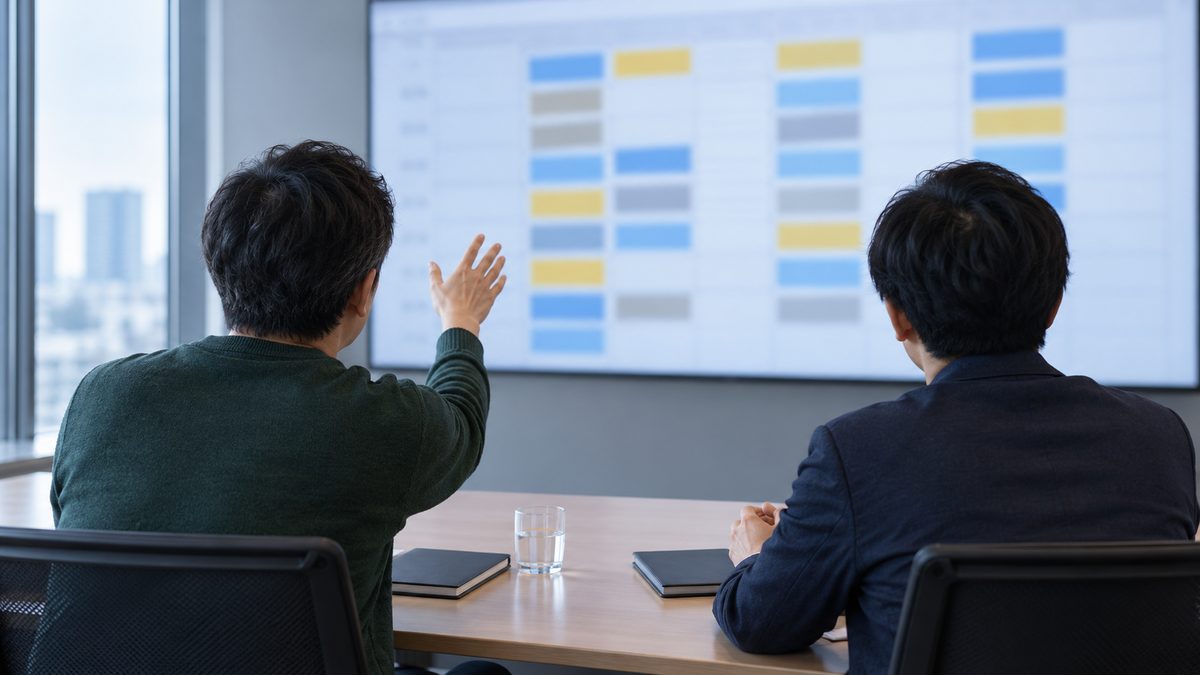 会議室の大型画面のぼけた不具合管理表を開発リーダーとQAエンジニアが並んで見る後ろ姿