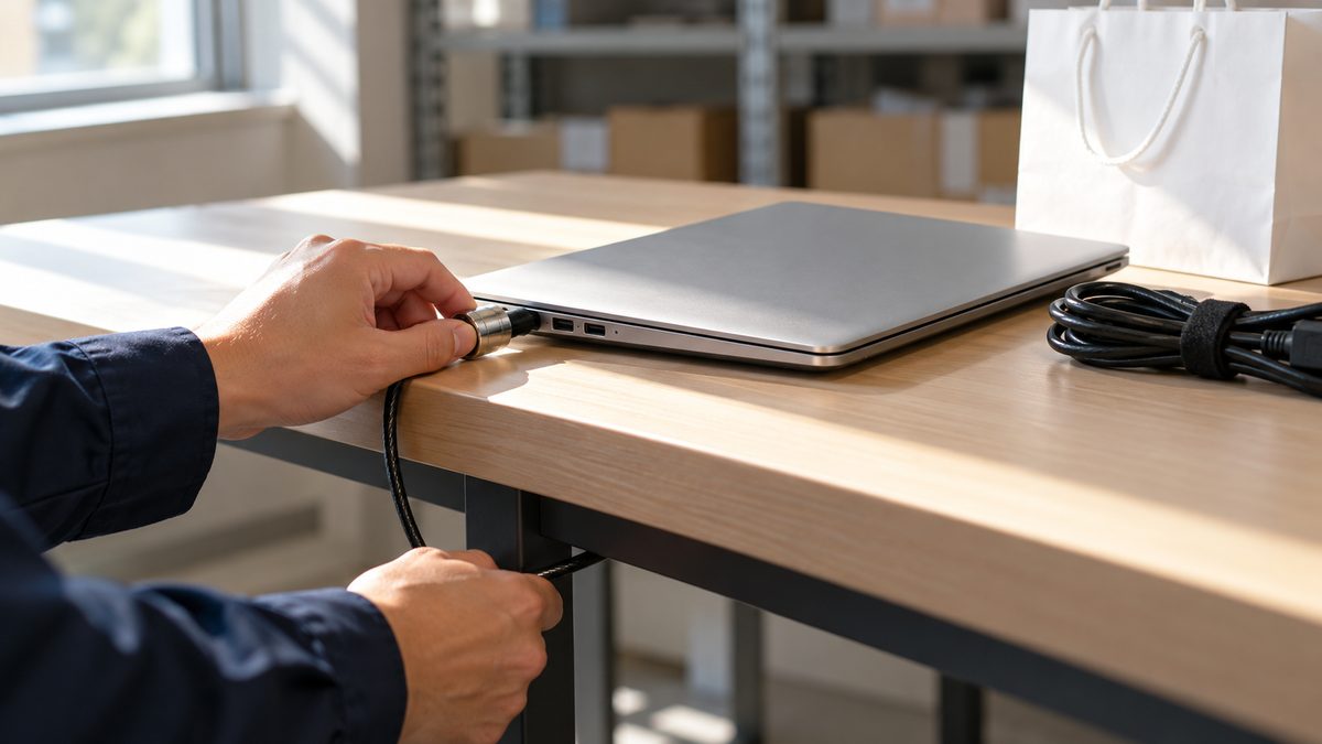 閉じた貸与ノートPCに情シス担当がワイヤーロックを差し込む手元
