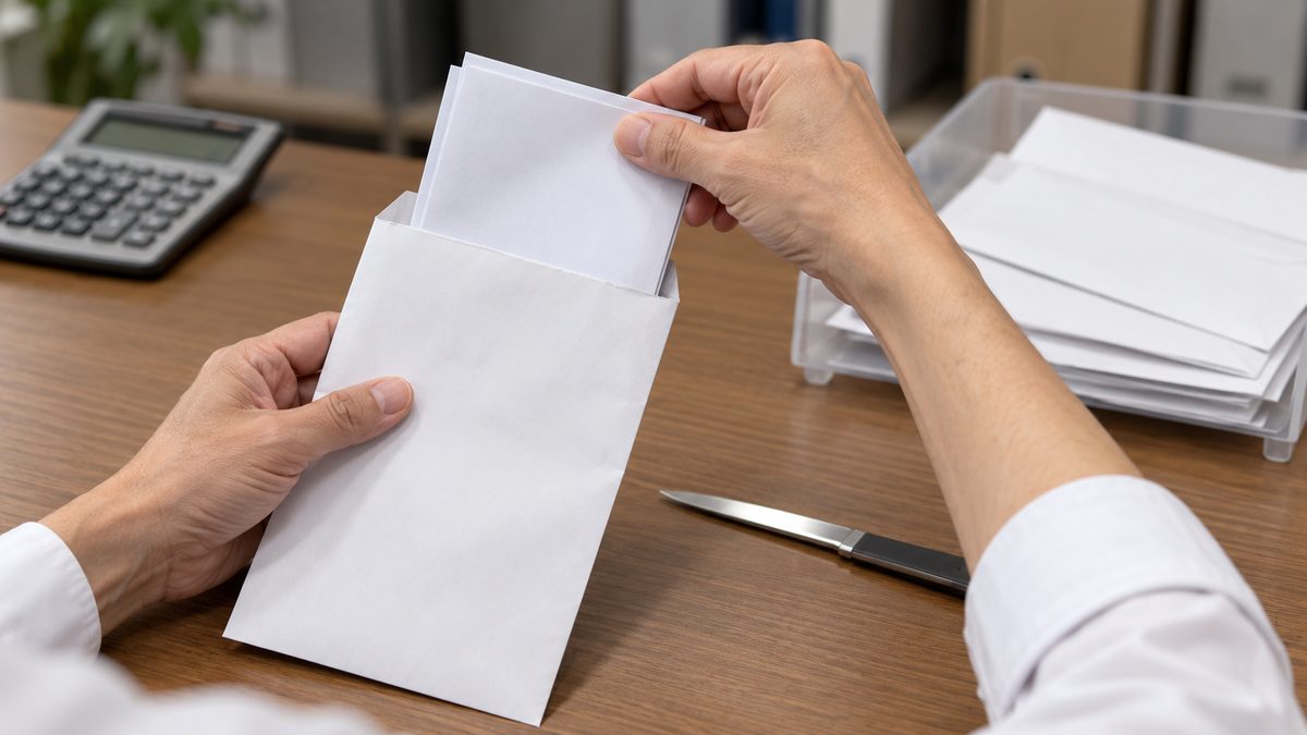 経理担当が届いた請求書の封筒を開けて書類を引き出す手元