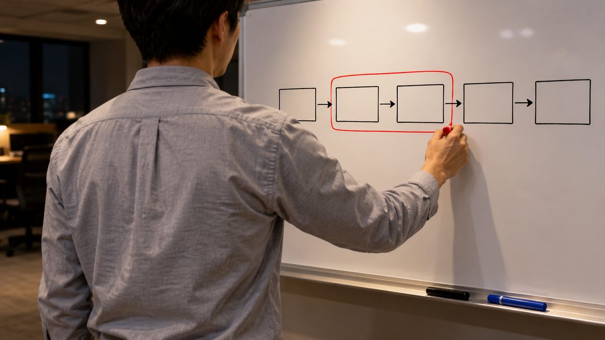 ホワイトボードの工程の箱のうち2つを赤いマーカーで囲む後ろ姿