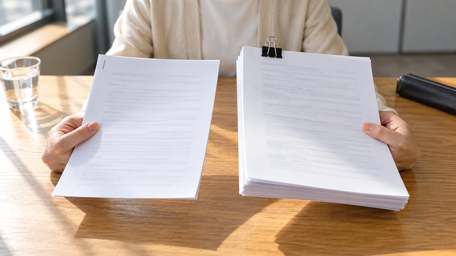 薄い秘密保持契約書と厚い業務委託契約書を両手で見比べる