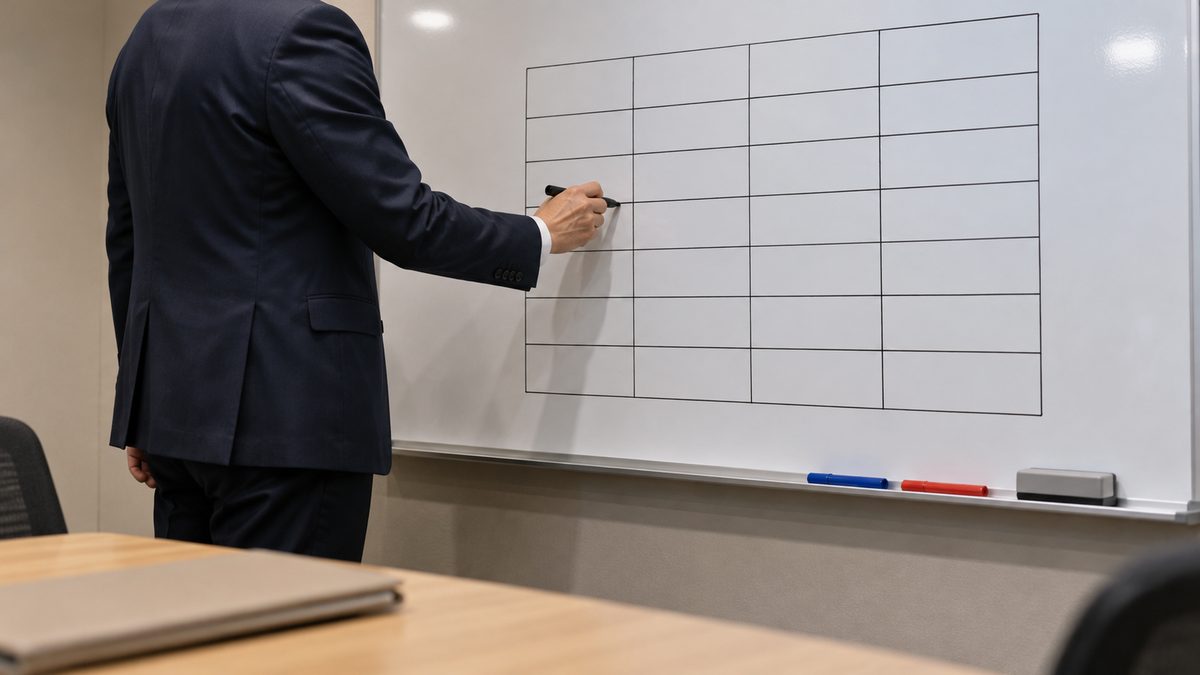 ホワイトボードに文字の無い表の線を引く右手