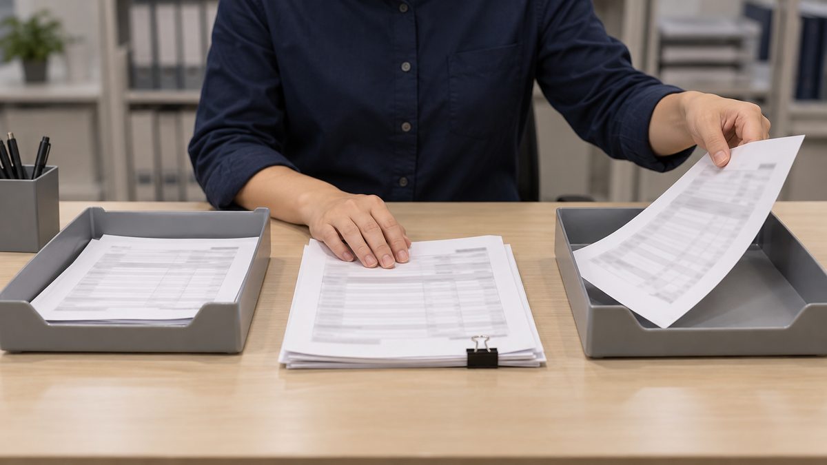 経理担当が請求書の控えを2つのトレーに分けて入れる手元