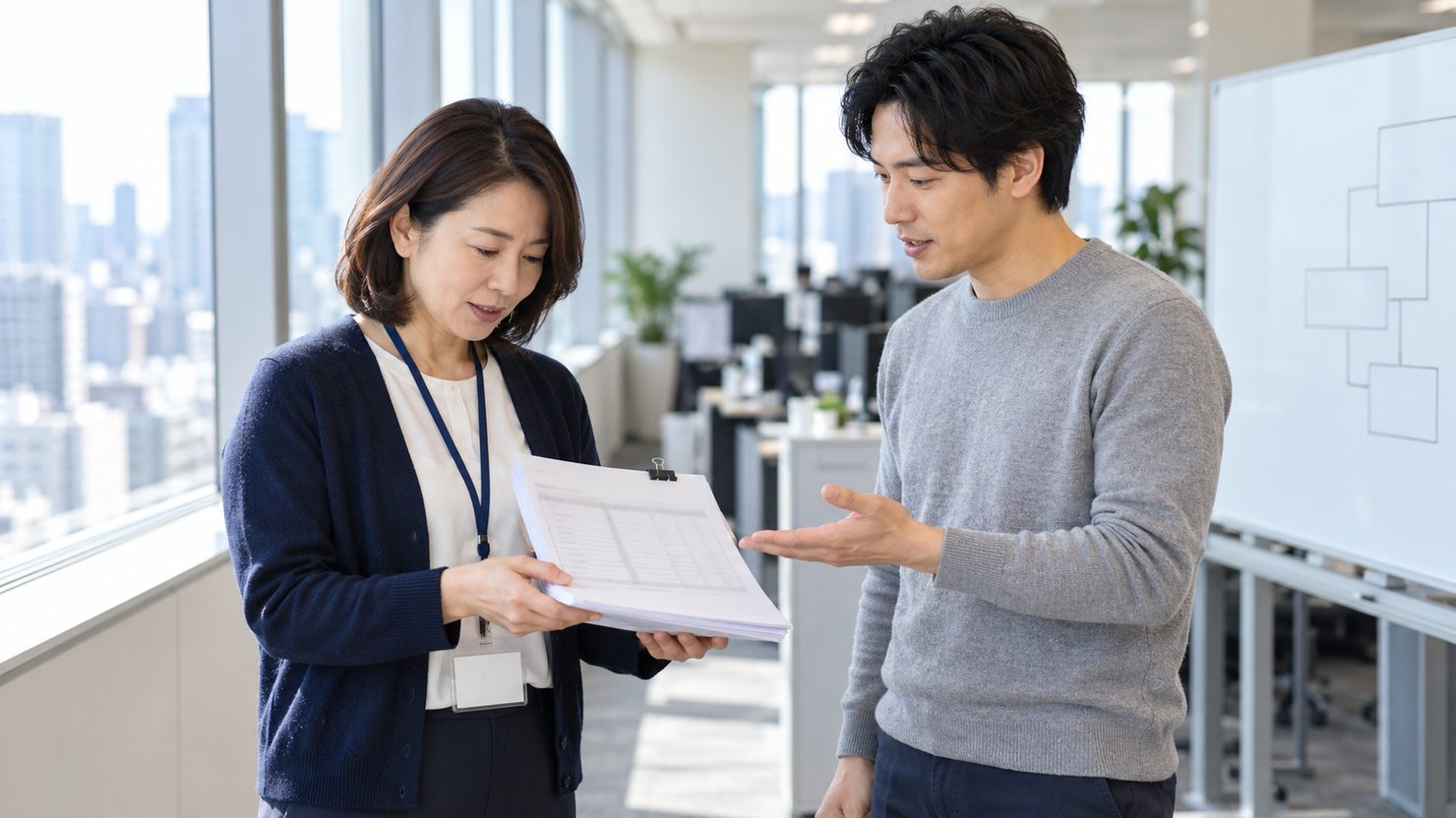 月末に届いた作業報告書を見ながら作業内容を確かめ合う発注担当者と業務委託のエンジニア