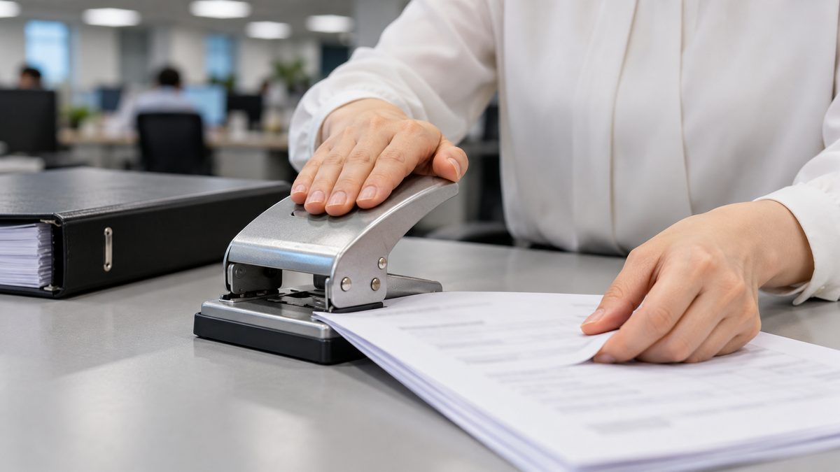経理担当が請求書の束を2穴パンチで綴じる手元