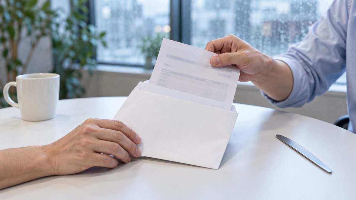 封を切った封筒から請求書を引き出す手元