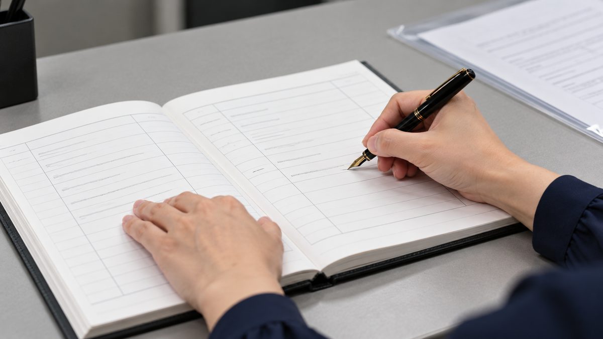 見開きの記録帳の1行に万年筆で書き入れる手元