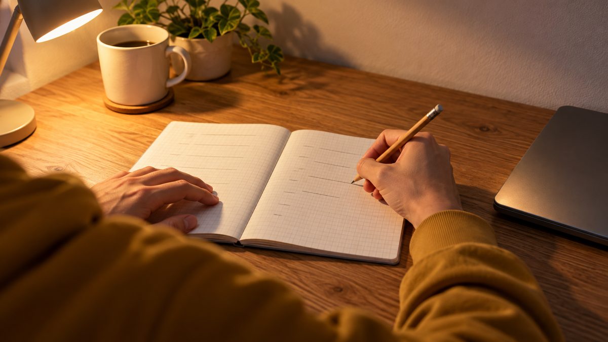 自宅の机で方眼のノートに作業時間を鉛筆で書き足す手元