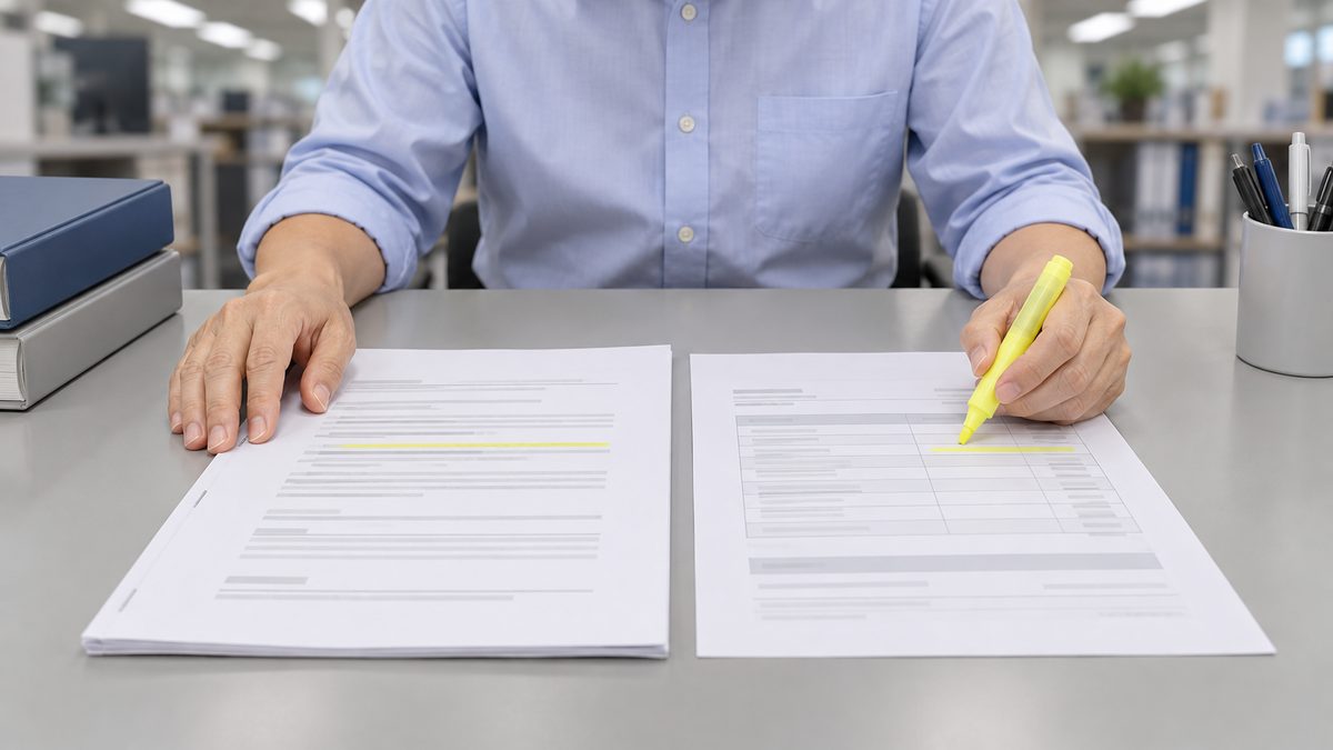 経理担当が契約書と請求書を並べ蛍光ペンで行を照らし合わせる