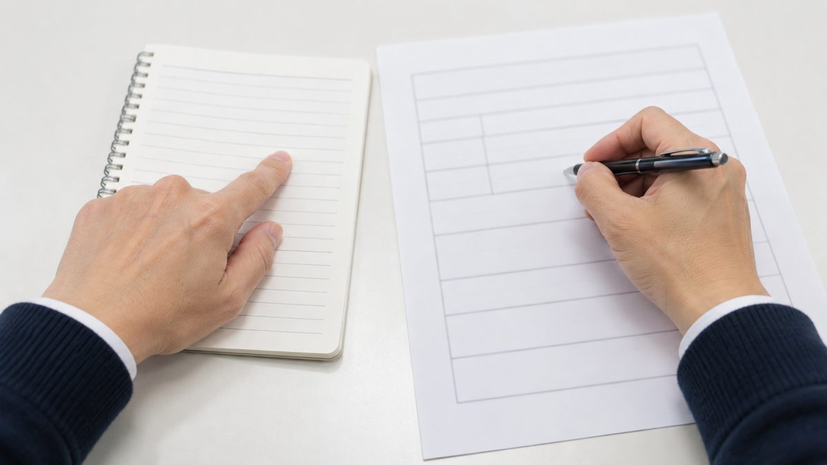 メモの行を押さえ条件の明示用紙に書き写す手元