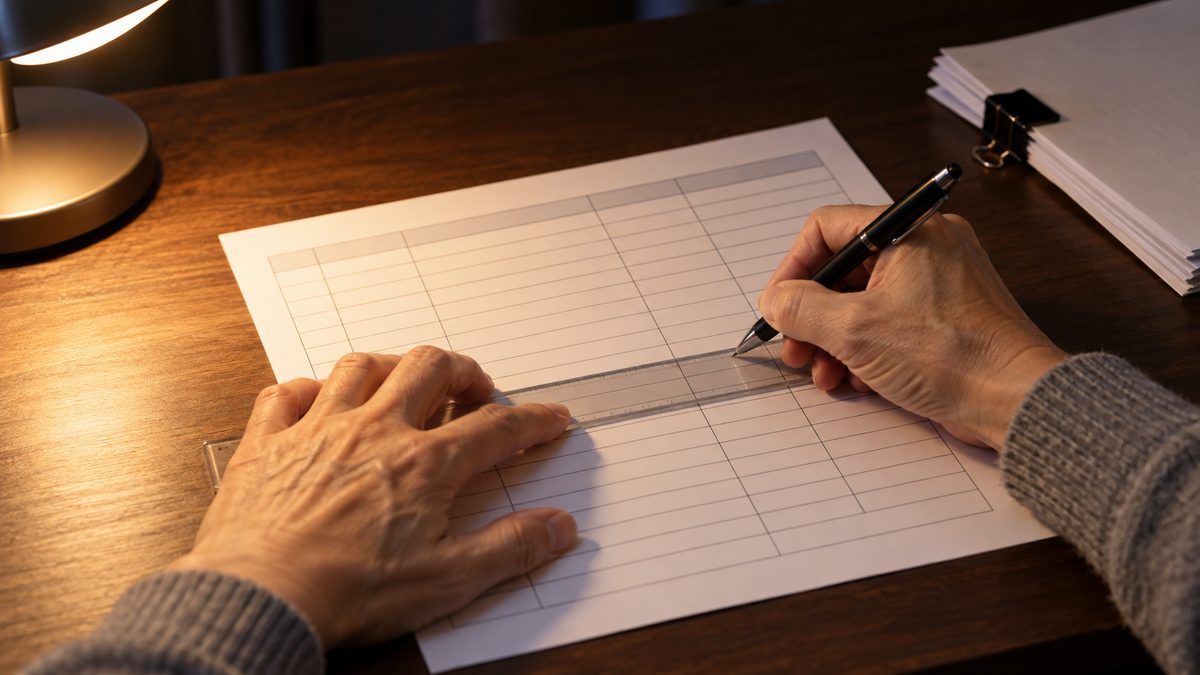 一覧表の行に定規を当ててペンで書き込む経理担当の手元