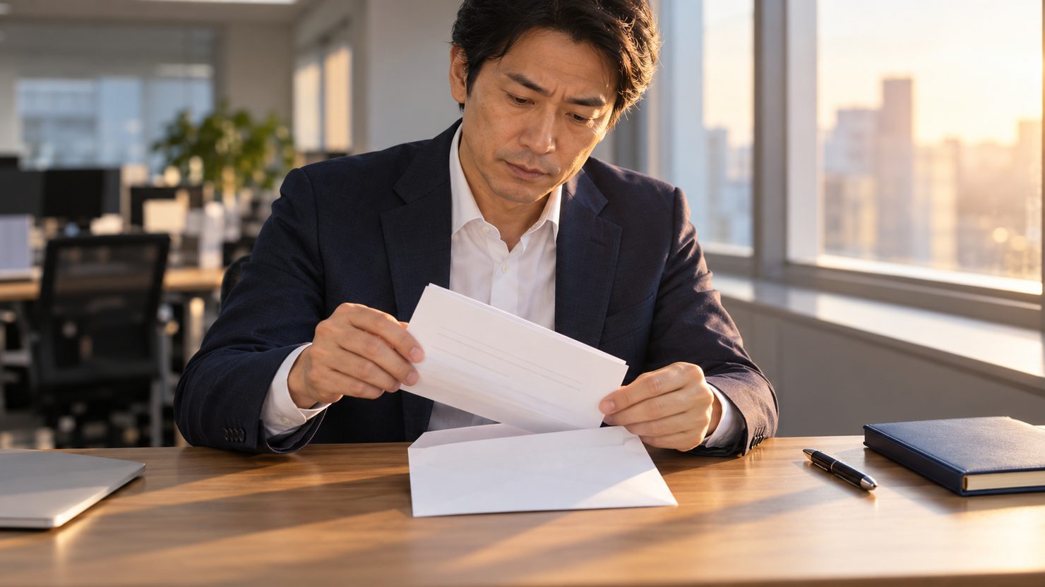 夕方の自席で開発マネージャーが契約解除通知書を封筒に入れて送ろうとしている