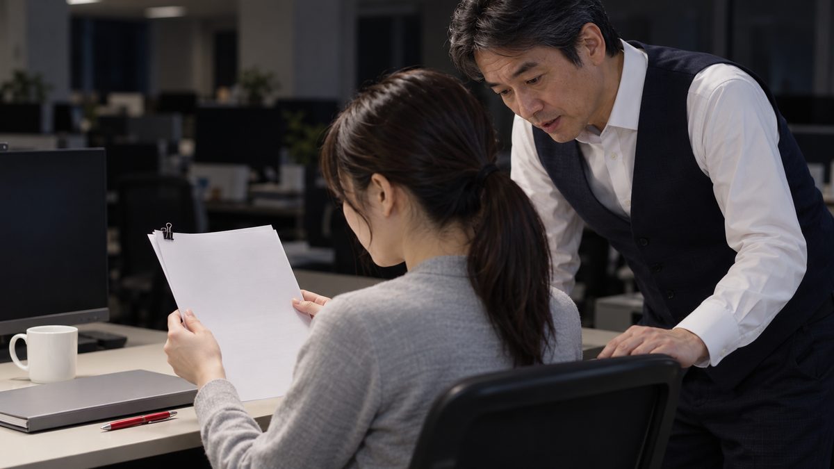 担当者が持つ通知書の下書きを上司が肩越しにのぞき込み項目を見直す