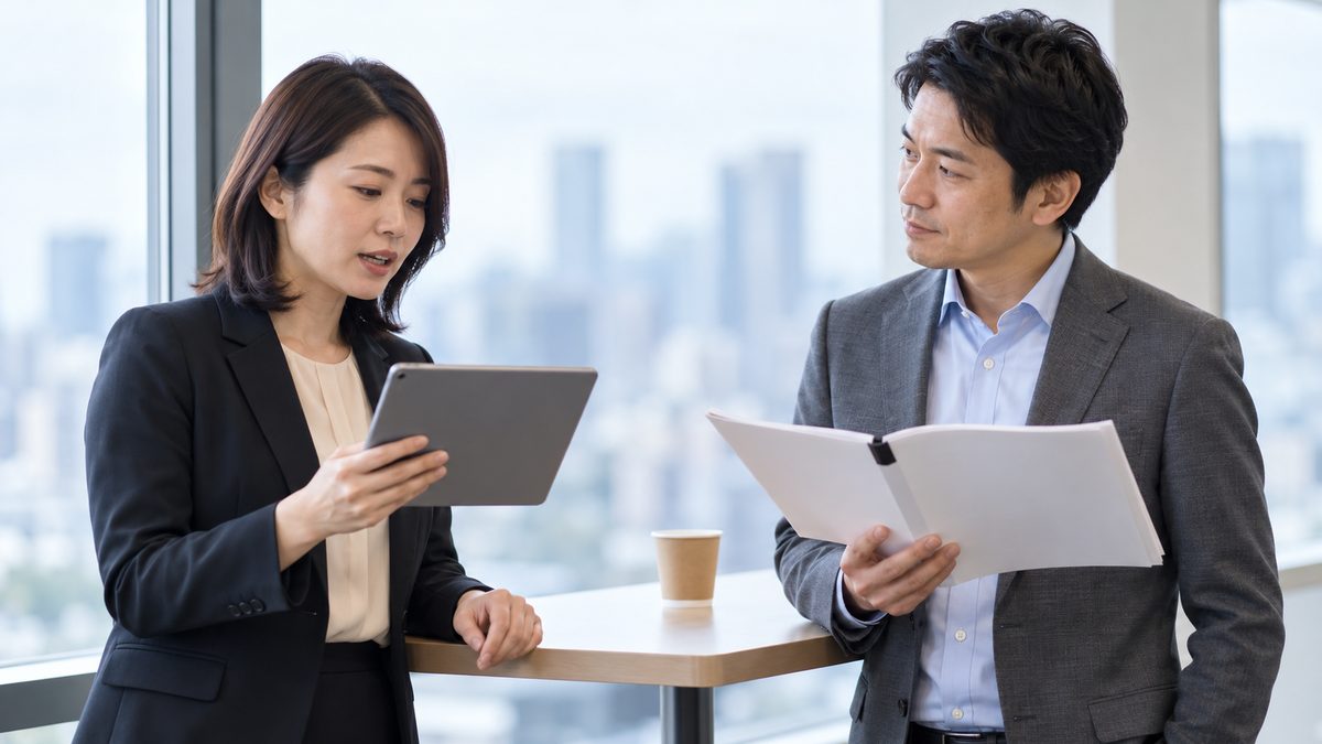 窓際で法務の担当者と開発マネージャーが契約書の解除の条項を照らし合わせる