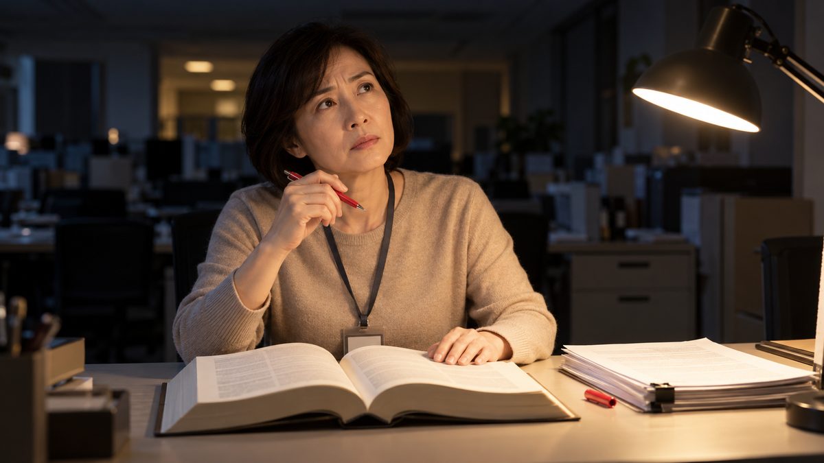 夜のオフィスで女性の担当者が分厚い本と書類を前にペンを持って条項を考える