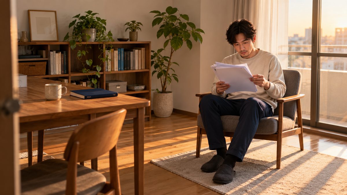 夕方の自宅の作業部屋で業務委託のエンジニアが印刷した契約書案を椅子に座って読む