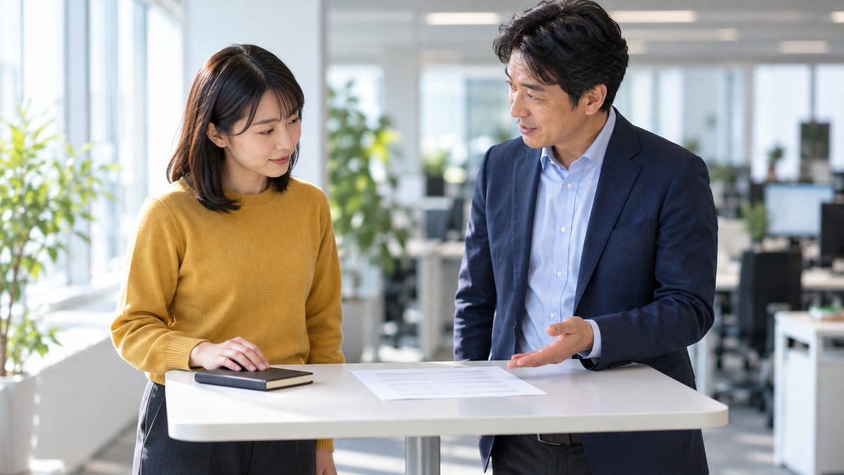 明るいオフィスで外部のエンジニアと開発マネージャーが契約期間の延長を立ち話で確かめる