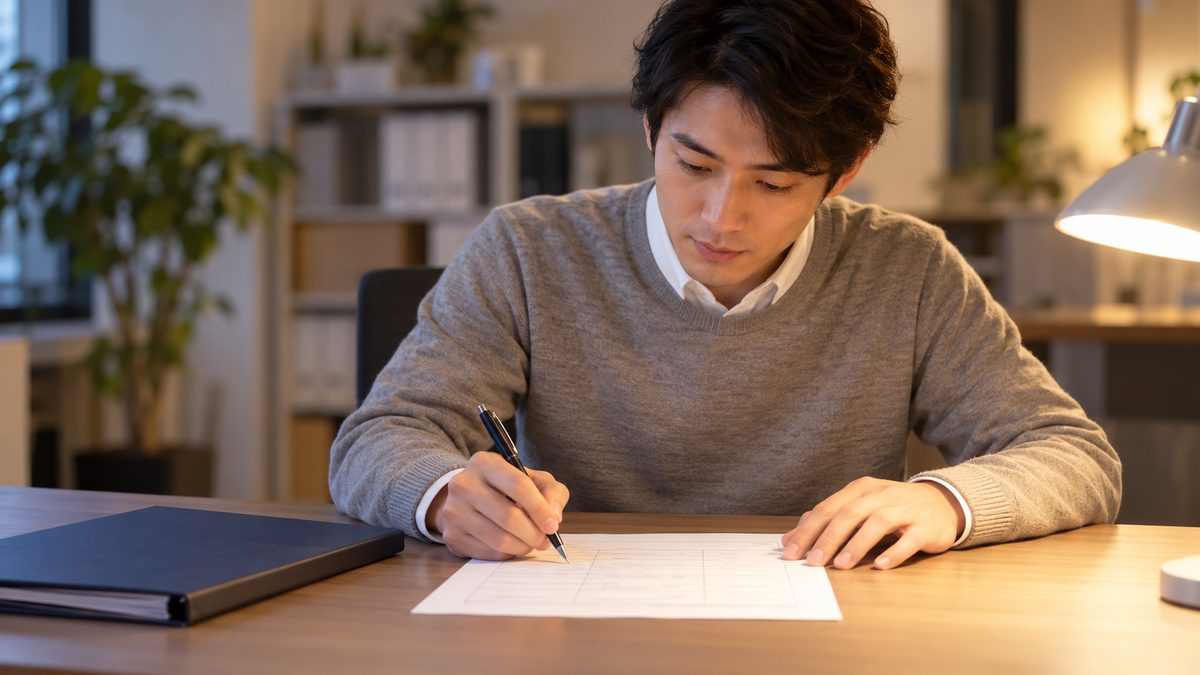夕方の自席で採用担当者が人物像の項目を表に1つずつ書き出す