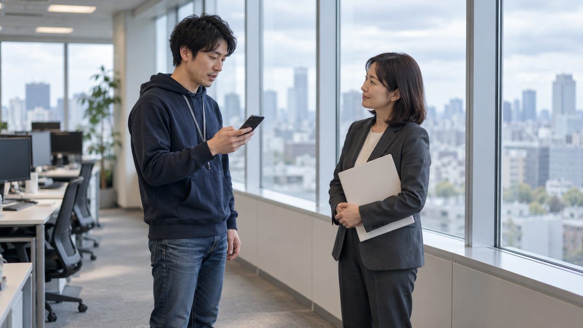 窓際の通路で採用担当者が現場のエンジニアと選考で確かめる点を立ち話で合わせる