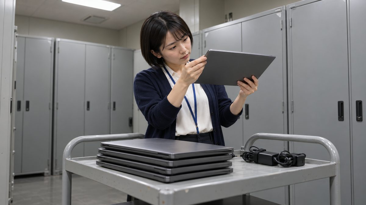 保管室で情報システム部の担当者が返却された閉じたノートPCを持ち上げて確かめる