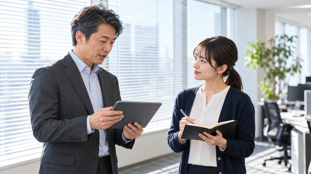 窓際で受託会社の責任者が研修の日時を伝えエンジニアが手帳に書き留める立ち話