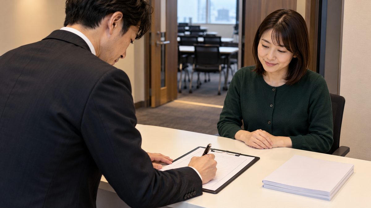 研修室の入口の受付で受講記録の用紙に署名し担当者が見守る
