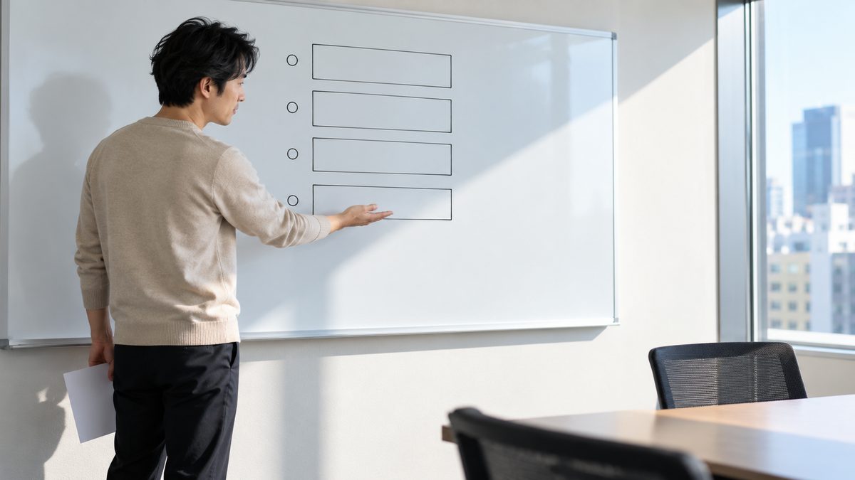 受託側の主任がホワイトボードに並べた議題の枠を手のひらで示して確かめる