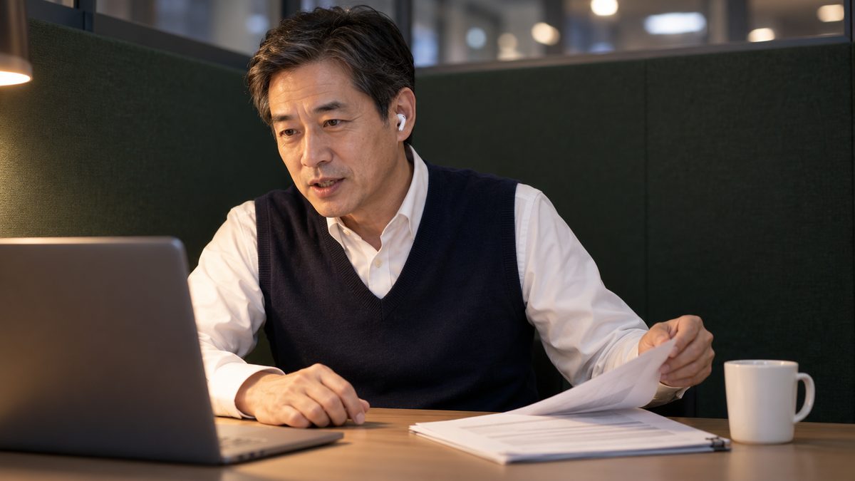 夕方の1人用ブースで発注側の責任者がオンライン通話しながら評価の資料をめくる