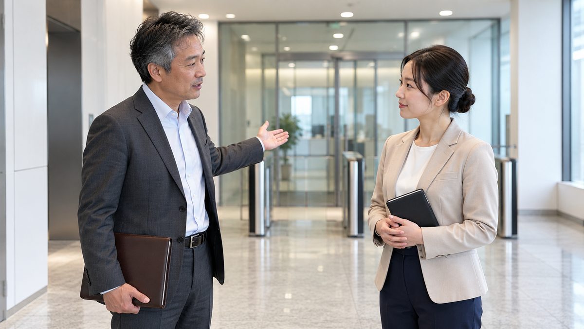 エレベーターホールで受注側の責任者が執務フロアを示し発注側の担当者に説明する立ち話