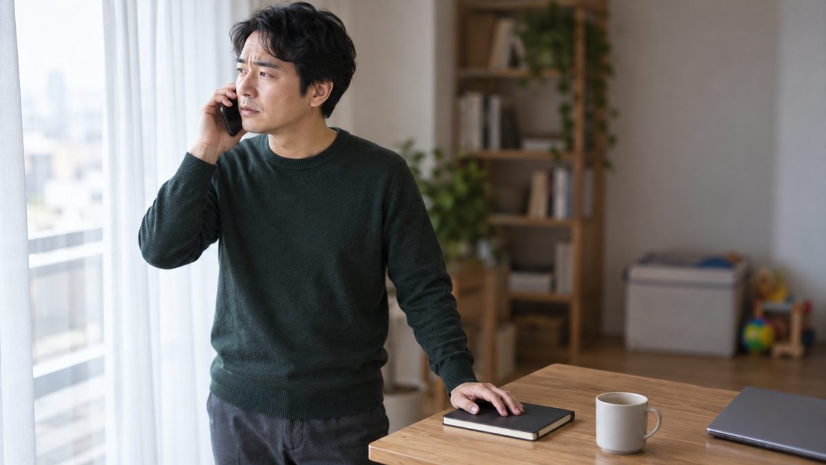自宅の書斎の窓際でエンジニアが電話で予定の変更を相談する