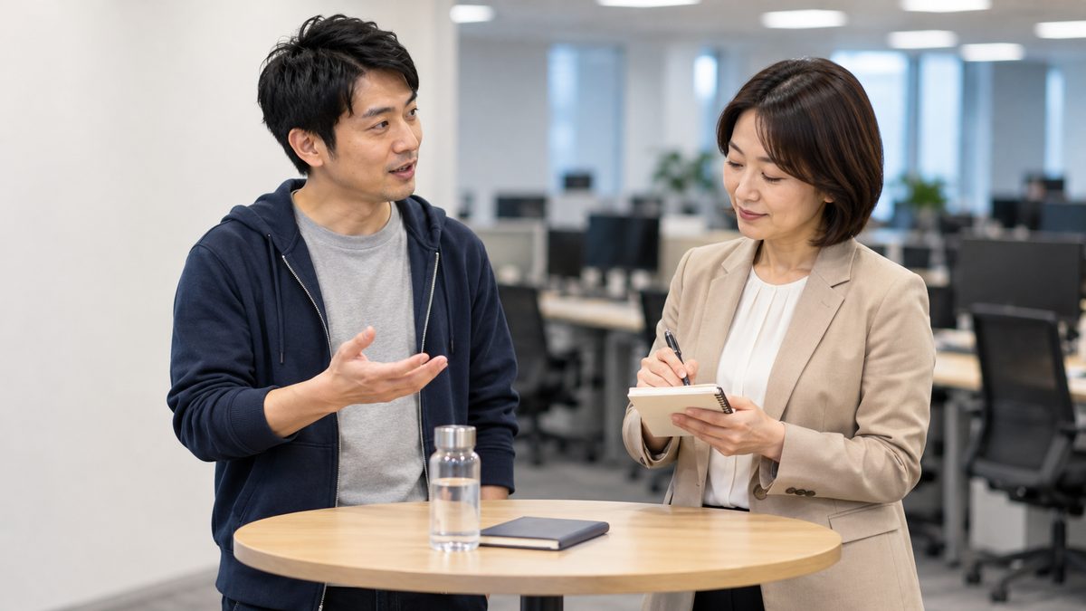 開発フロアの立ち机でエンジニアが仕事の中身を説明し採用担当者がメモを取る