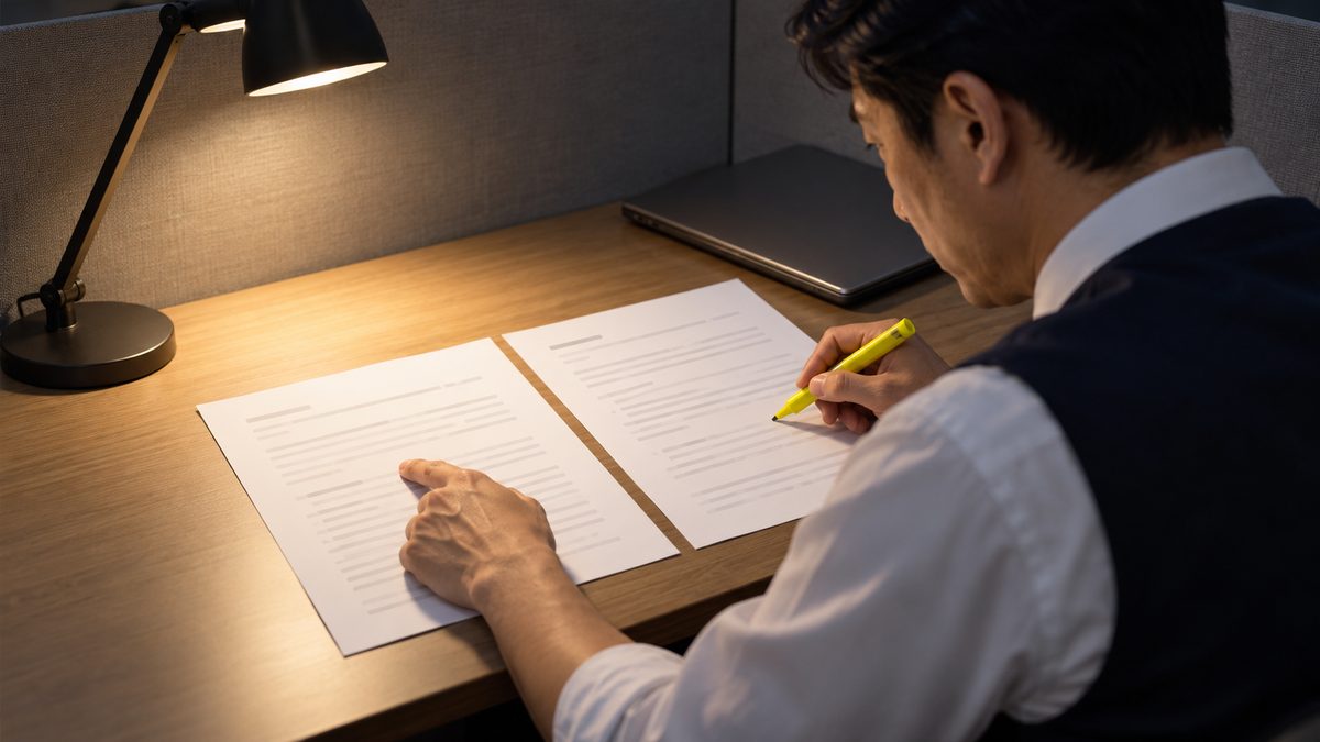 夜のオフィスで採用担当者が求人票と下書きを並べ蛍光ペンで突き合わせる