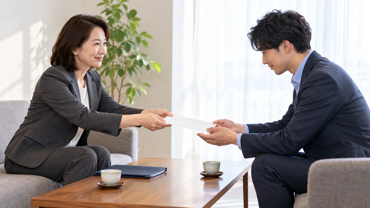 応接室で採用担当者がエンジニアの候補者に内定の書面を入れた封筒を手渡す