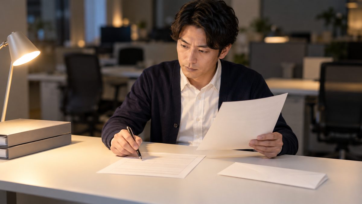 夕方の自席で人事の担当者が通知書と書面を見比べてペンで確かめる