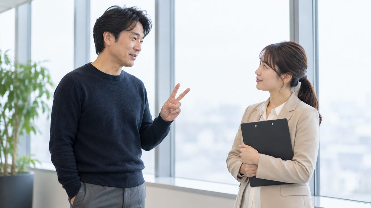 窓際で開発マネージャーが採用担当者に入社日の候補を指で示しながら話す