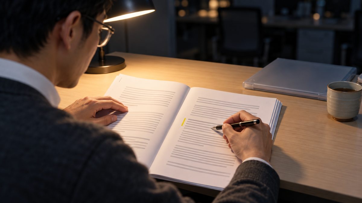 夜の自席で担当者がデスクライトの下で契約書の更新の条項をペン先でなぞる