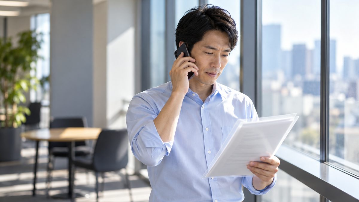 晴れた窓際で担当者が書類を手に電話で更新しない旨を伝える