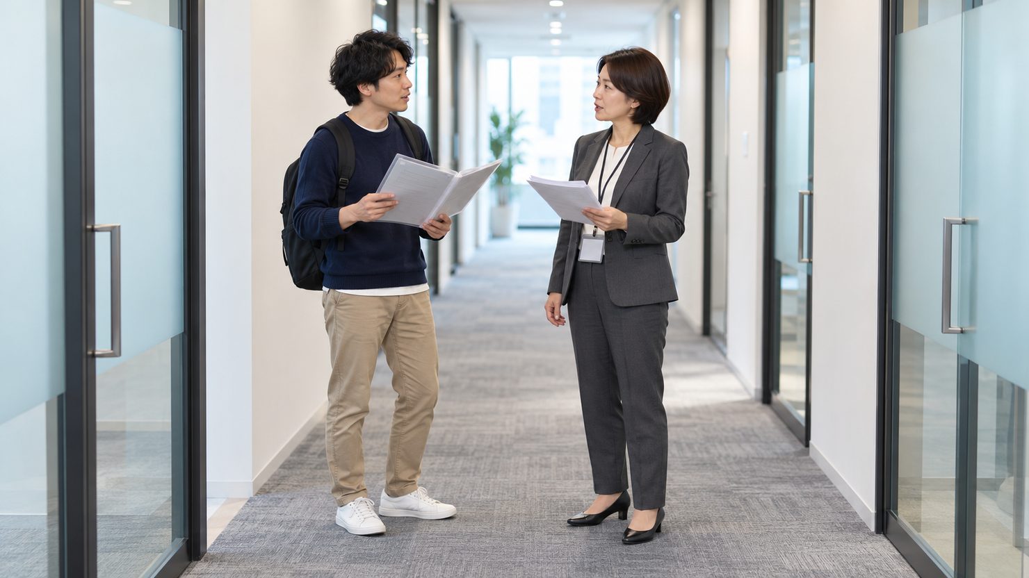 オフィスの廊下で外部エンジニアと発注側の課長が書類を手に向き合って話す